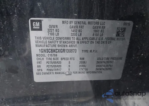 2016 Chevrolet Tahoe Lt z USA, uszkodzony, nr VIN 1GNSCBKCXGR130870